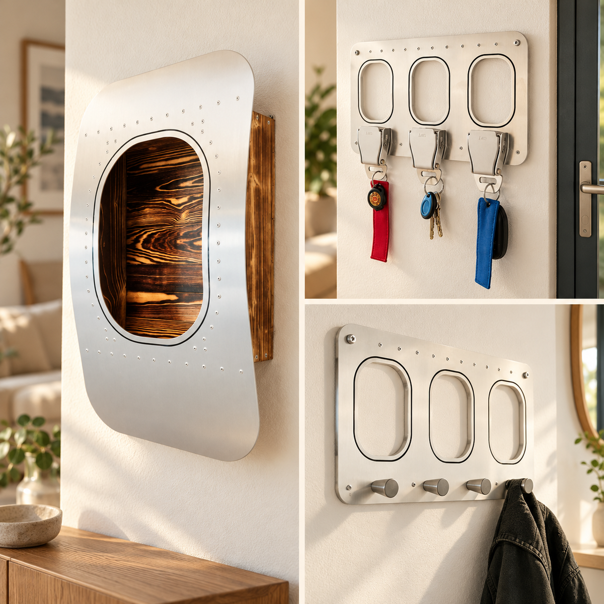 Flugzeugmöbel Pilots Home Set mit 1er Flugzeugfenster Wandbar 3er Schlüsselhalter im Aviation Design und Luftfahrt Garderobe im Raum dargestellt
