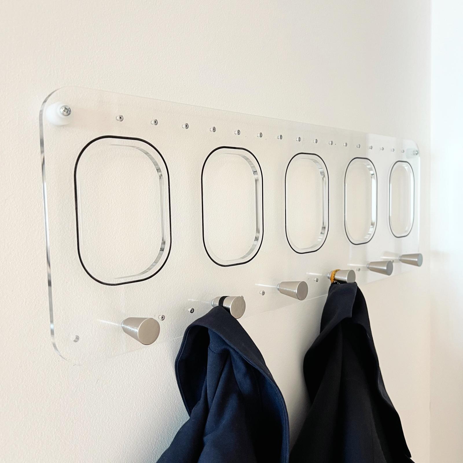 Pilots, flight attendants & globetrotters gift | 5-piece airplane window coat rack with plexiglass | Aviation-style jacket rack | Coat hooks for airplane furniture