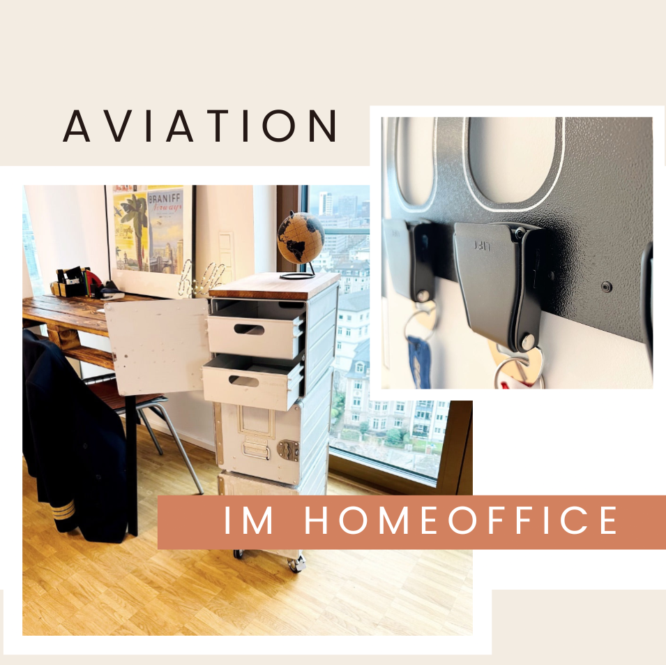 Homeoffice im Aviation Style mit Flugzeugmöbeln Trolleys Bord Boxen