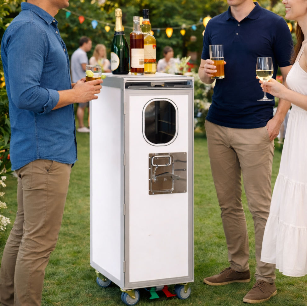 Flugzeugtrolley als Party-Bar bei einer Gartenparty