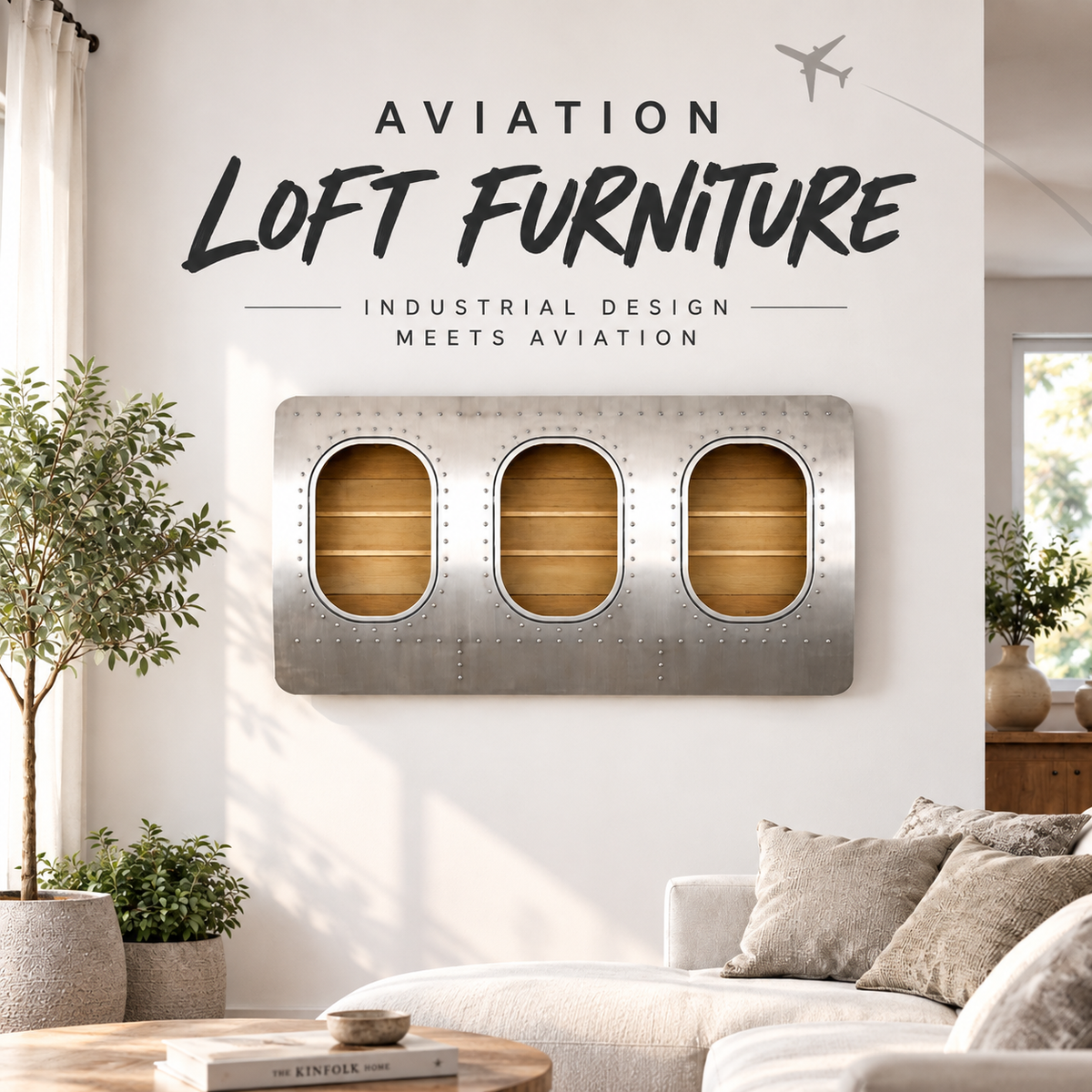 Aviation Loft Möbel mit Flugzeugfenster-Wandbar aus Aluminium im Industrial Design