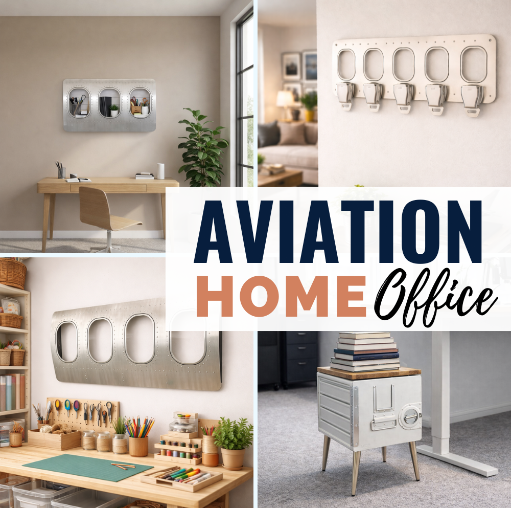 Aviation Style Homeoffice mit Flugzeugmöbeln, Flugzeugfenster Wanddekoration und modernem Büro im Airline Interior Design