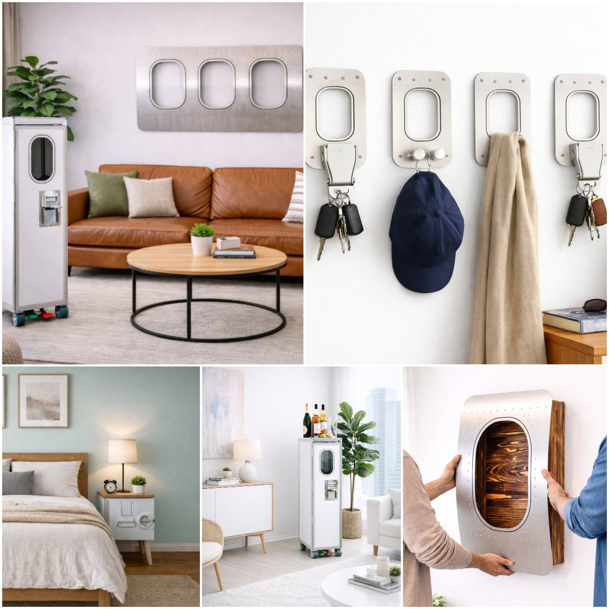 Einrichtungsideen mit Flugzeugmöbeln – Collage mit Flugzeugtrolley, Wandbar, Flugzeug Bordboxen und Schlüsselhaltern im Aviation Style