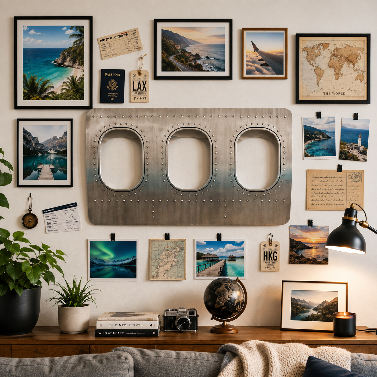 Flugzeugfenster als Wanddeko: Travel Wall mit Urlaubsfotos und Bordkarten