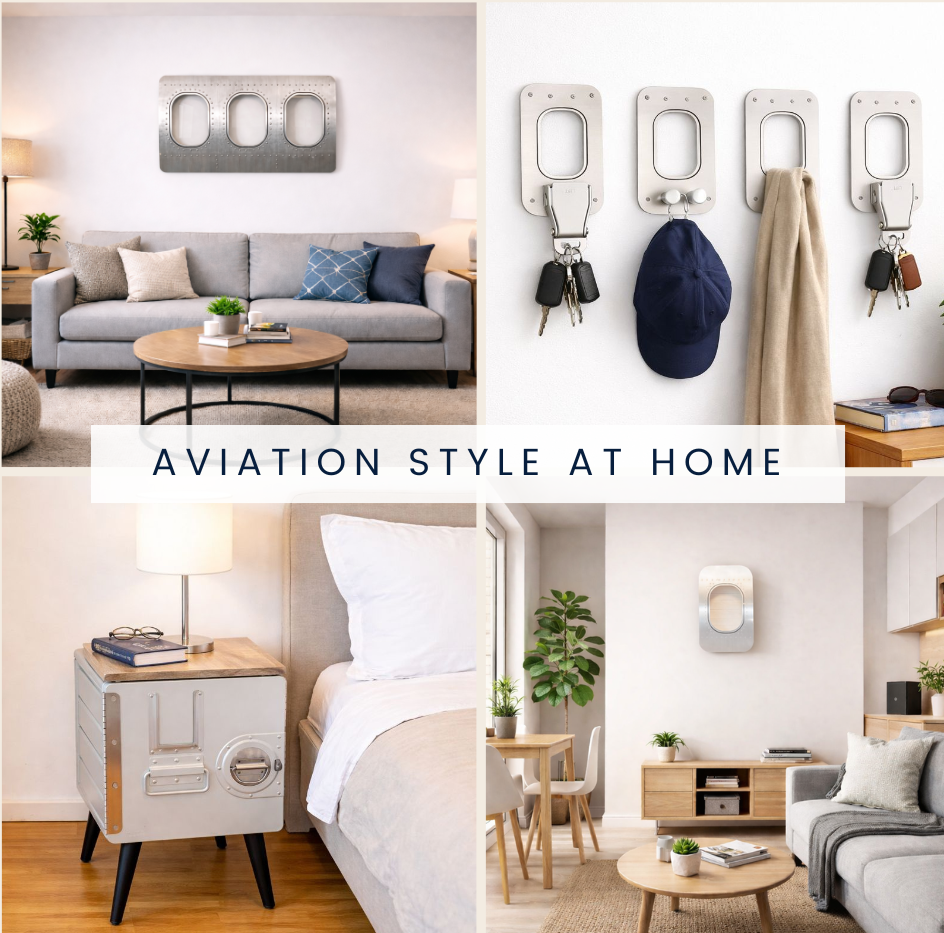 Flugzeugmöbel im Wohnzimmer mit Flugzeugfenster als Wanddekoration und Einrichtung im Aviation Style