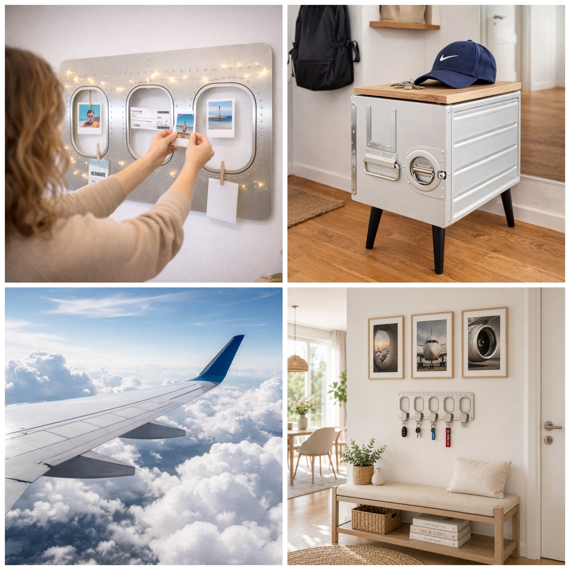 Flugzeugmöbel mit Urlaubserinnerungen und Accessoires aus der Luftfahrt