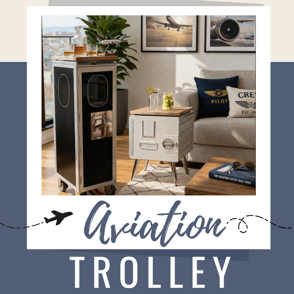 Flugzeugtrolley im Wohnzimmer als Flugzeugmöbel mit Ideen zur Nutzung und Integration im Wohnraum