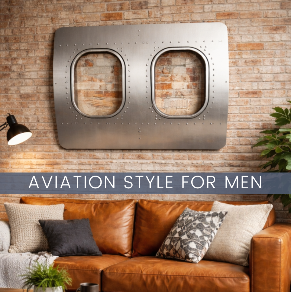 Männerwohnung im Luftfahrt-Style mit Flugzeugfenster als Wanddekoration im Aviation Style