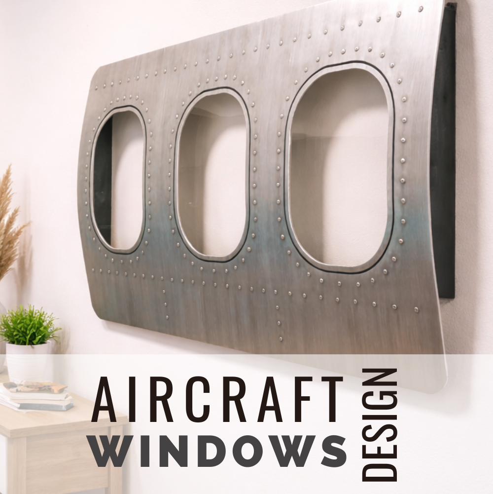 Aviation Style Wohnraum mit Flugzeugfenstern und Flugzeugmöbeln als Einrichtungsidee mit Reisegefühl und Airline Interior Atmosphäre