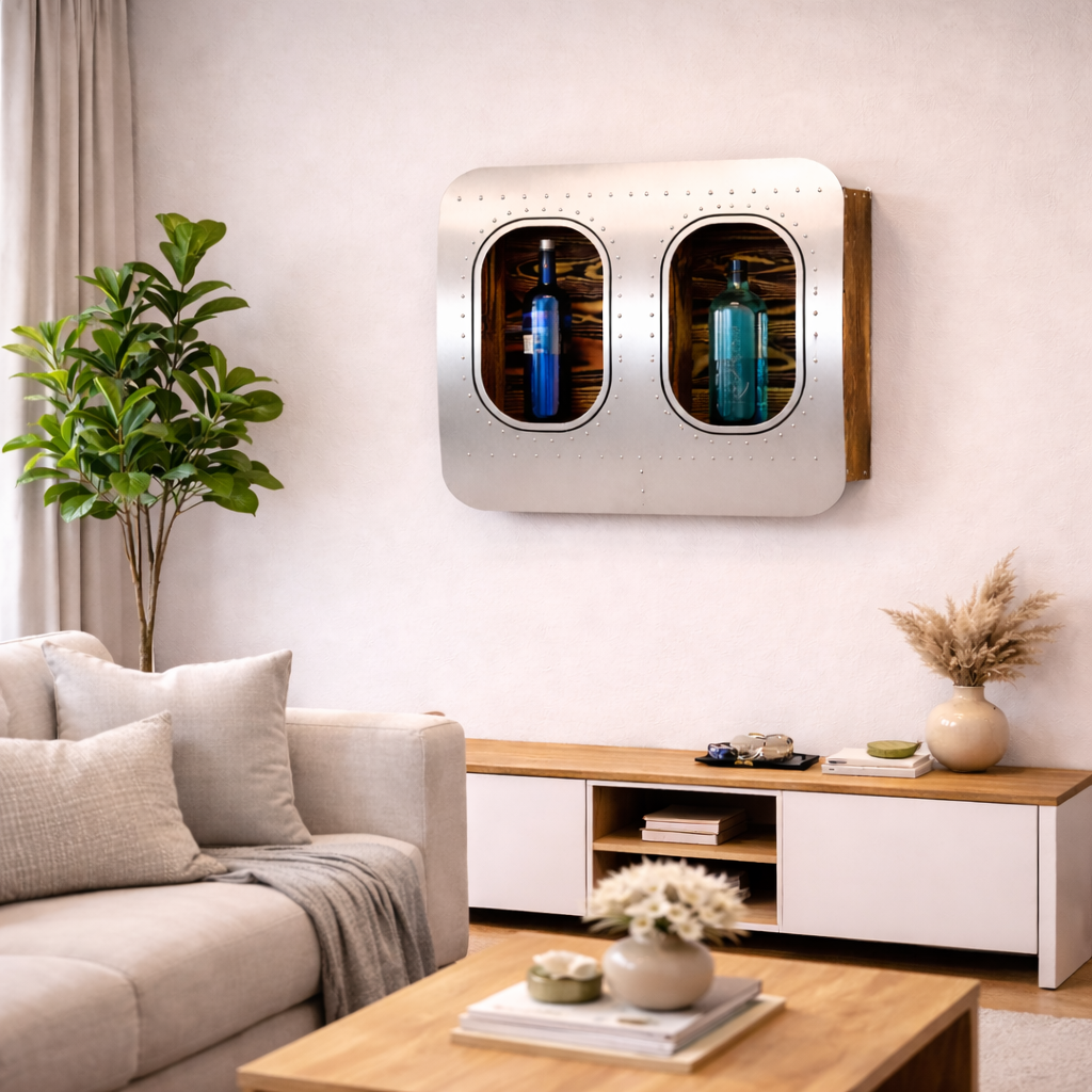 2er Wandbar im Flugzeugfenster-Design aus Aluminium & Holz im Wohnzimmer für Getränke und Flaschen