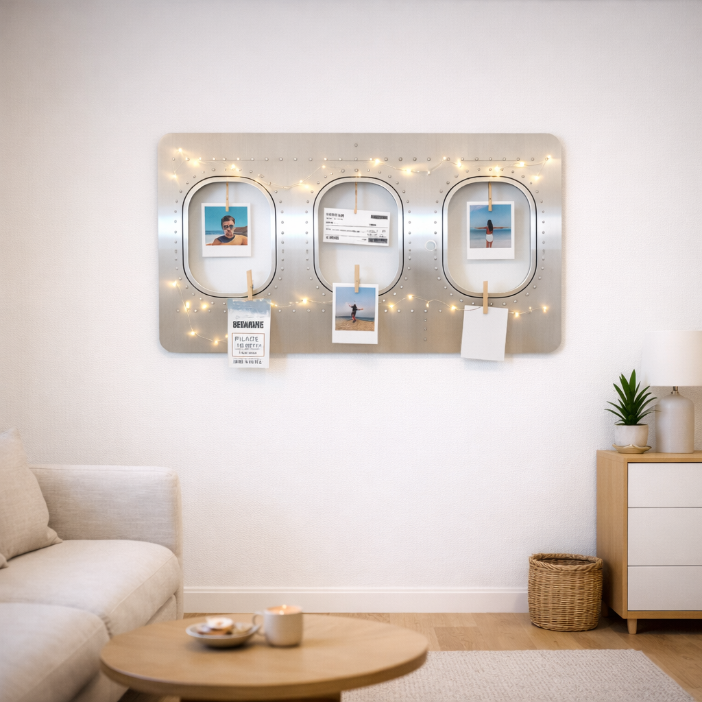 Wanddekoration aus drei 3er Flugzeugfenster mit Urlaubsfotos über einem Sofa, im modernen Wohnstil gestaltet