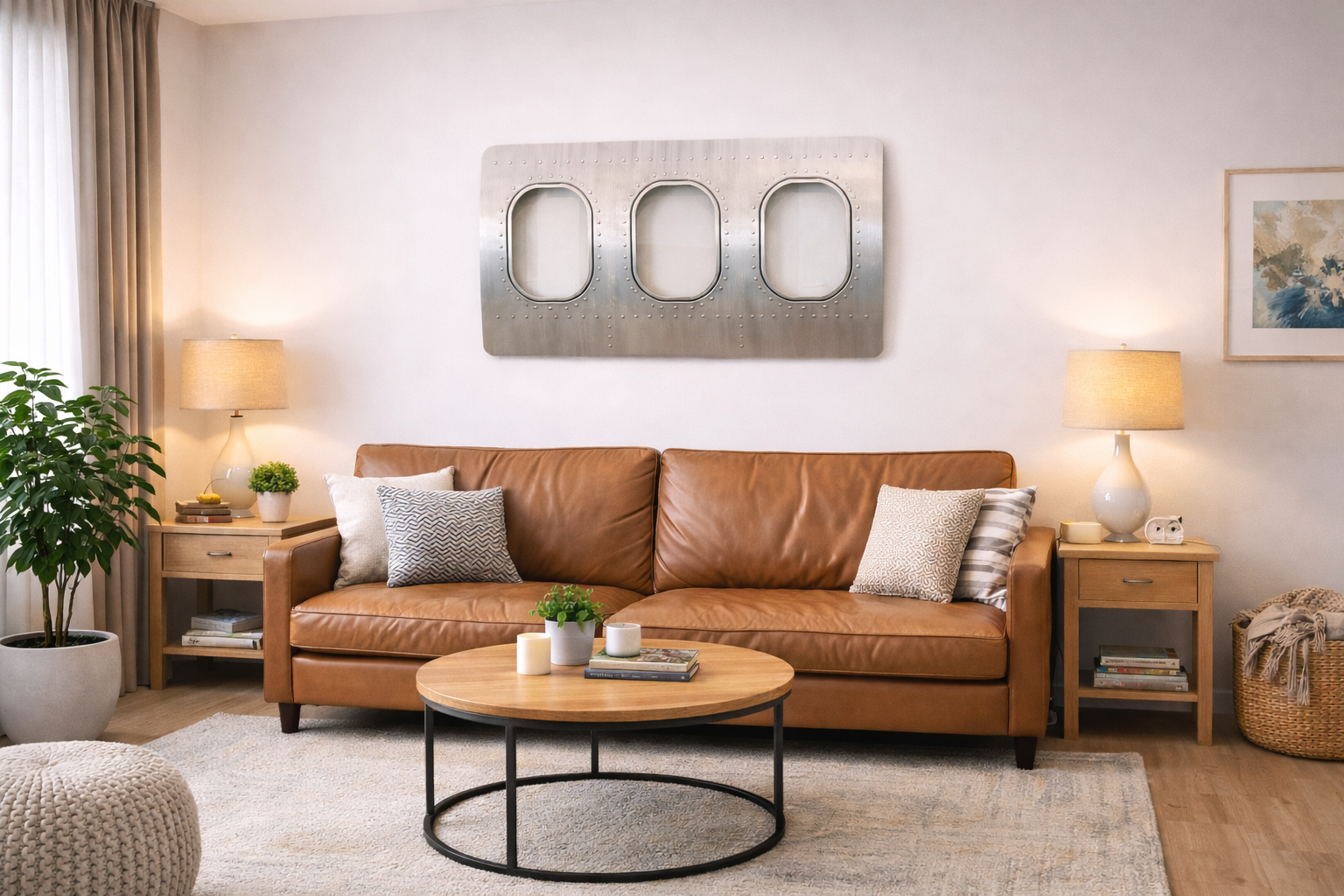 3er Flugzeugfenster Wanddekoration im Flugzeugmöbel-Design über cognacfarbenem Ledersofa in modernem Wohnzimmer