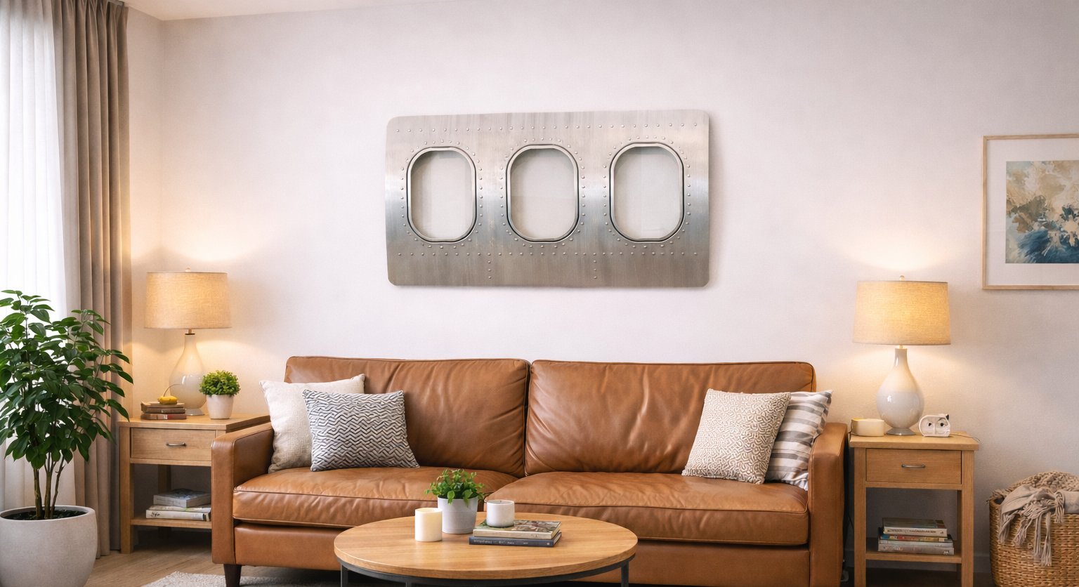 3er Flugzeugfenster aus Aluminium und Plexiglas als Wanddekoration im Aviation Style im Wohnzimmer