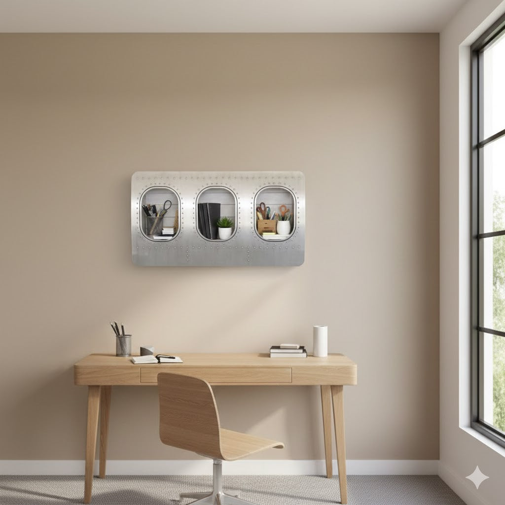 Flugzeugmöbel 3er Wandbar im Aviation Style als wandmontierte Ablage im Büro oder Home Office installiert
