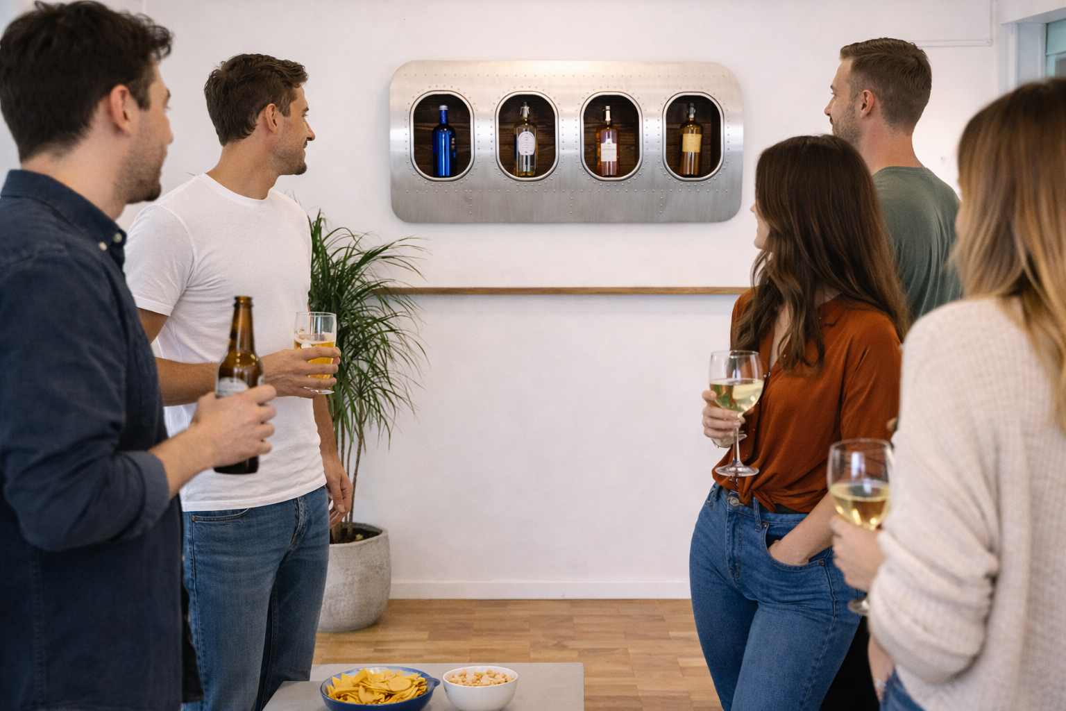 Flugzeugmöbel 4er Wandbar im Aviation Design als wandmontierte Hausbar in einem Wohnraum während einer kleinen Party genutzt