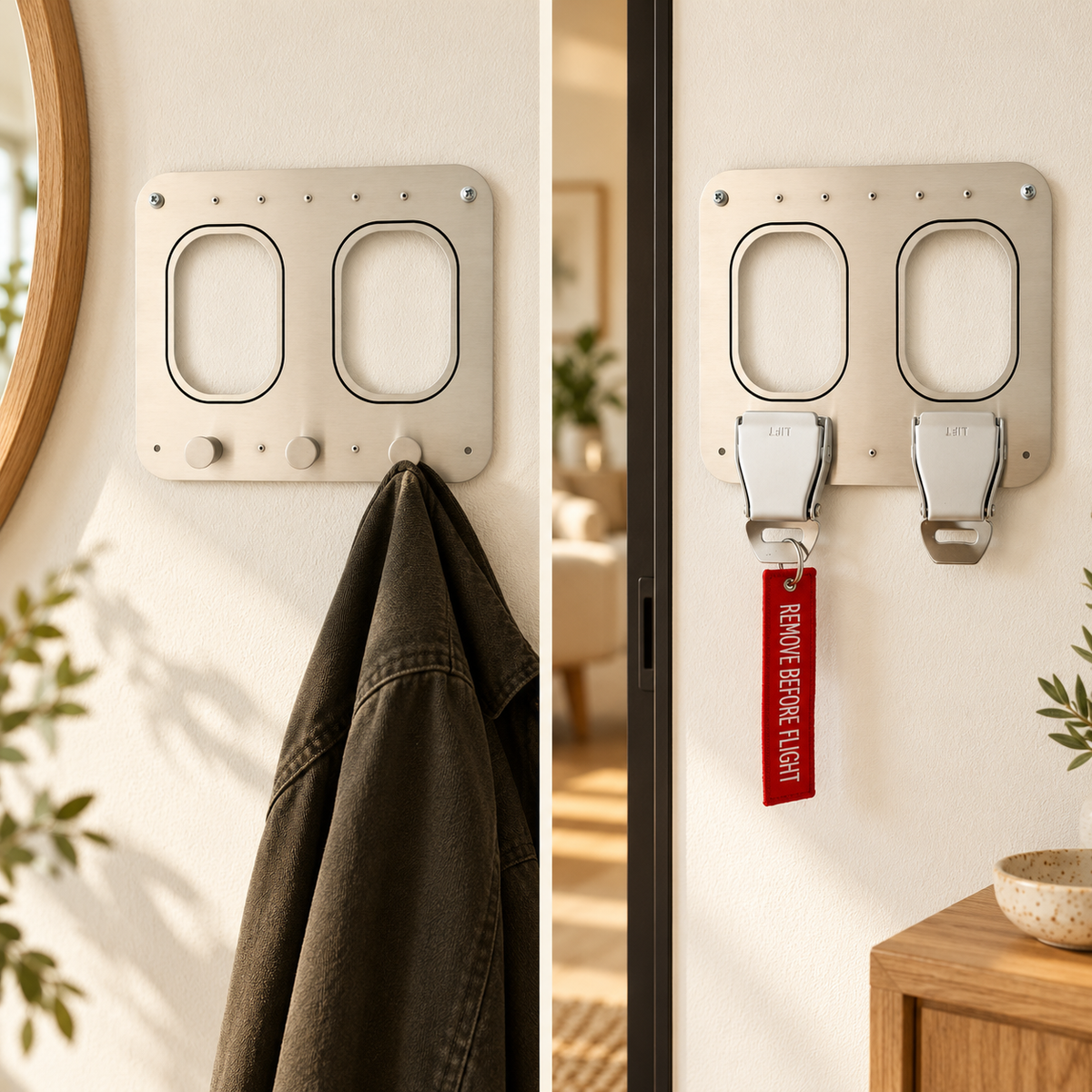 Flugzeugmöbel Cabin Entry Set mit 2er Garderobe und 2er Schöüsselhalter im Aviation Design für zu Hause in der Raumansicht