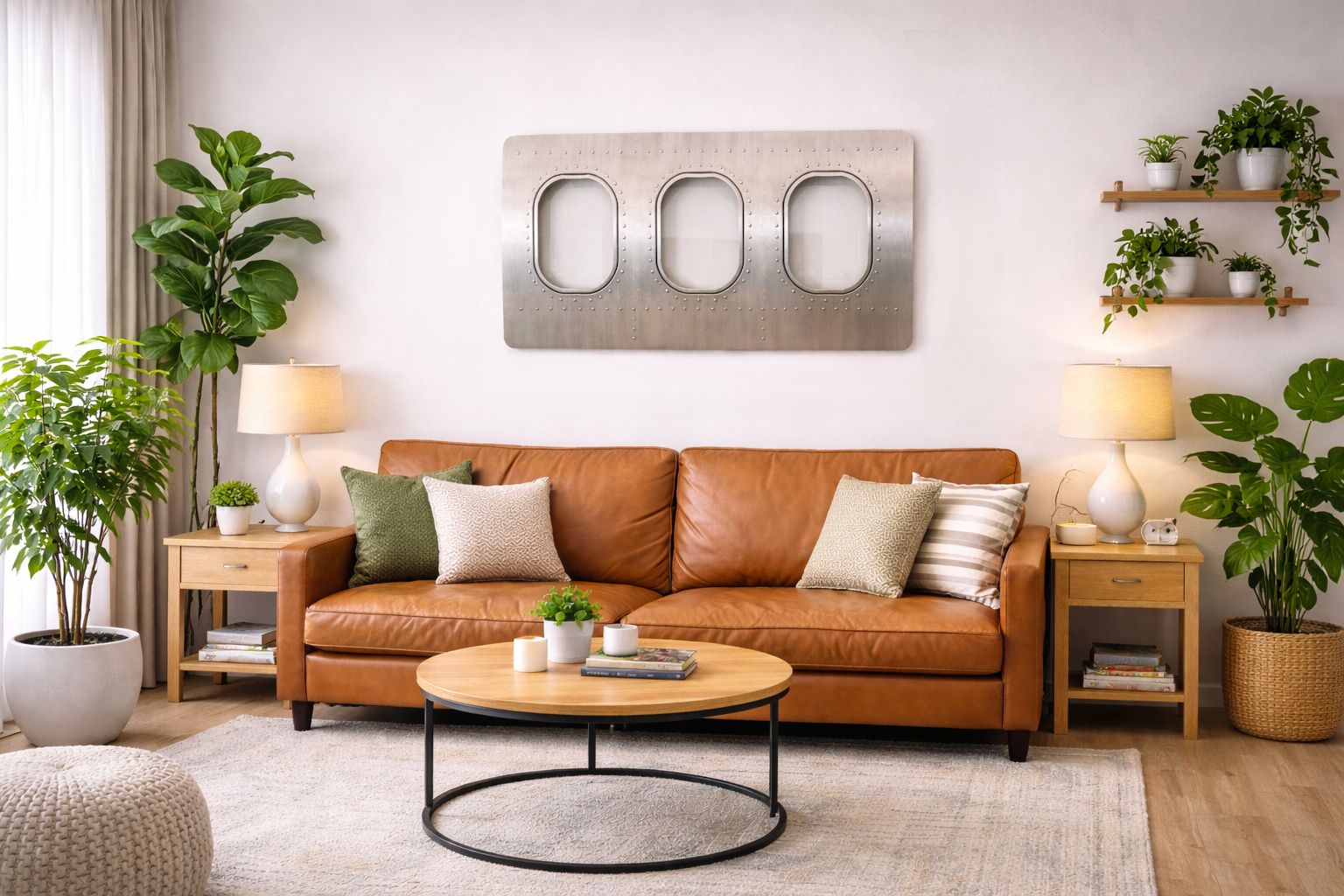 Dreiteiliges Flugzeugfenster als Wanddekoration im Wohnzimmer