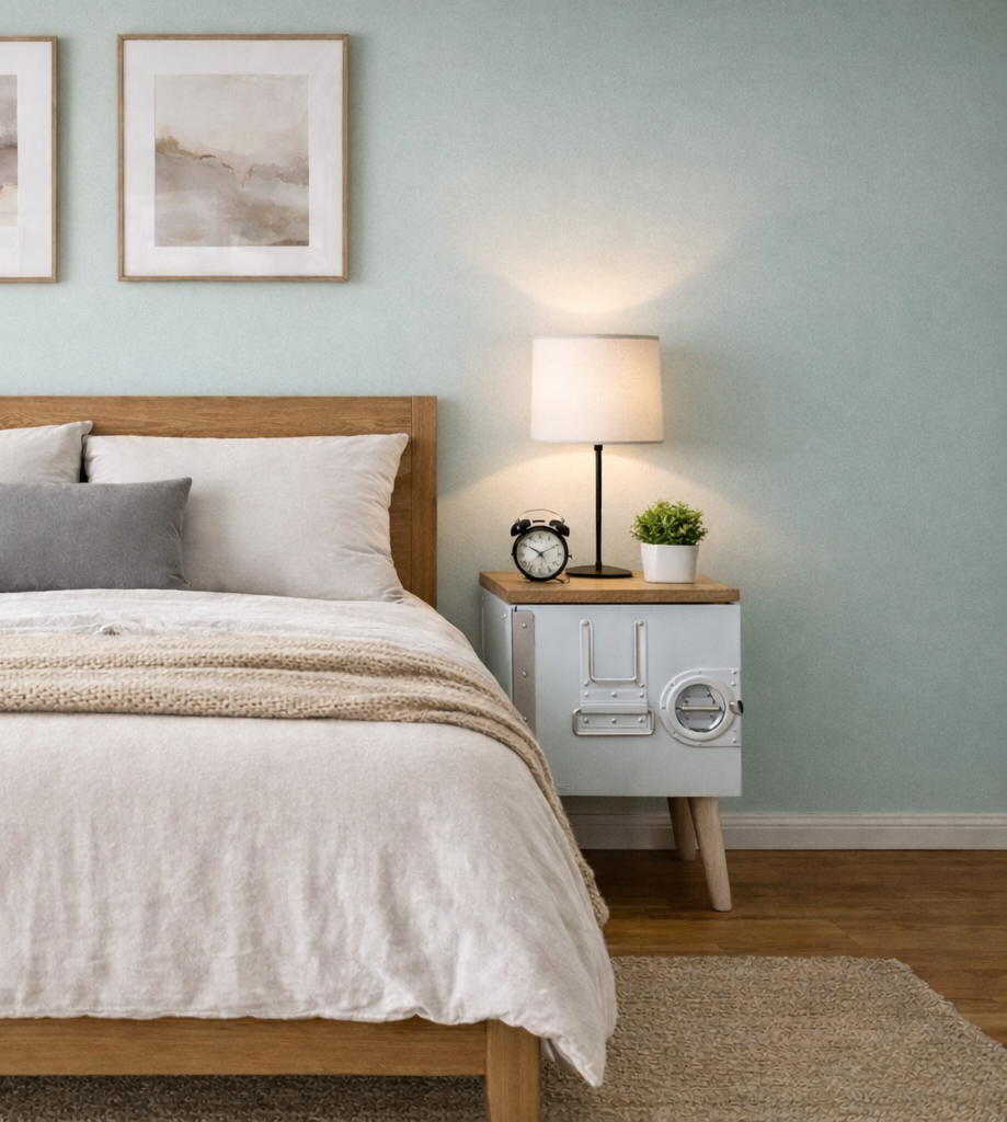 Flugzeug Bordbox als Beistelltisch im Schlafzimmer