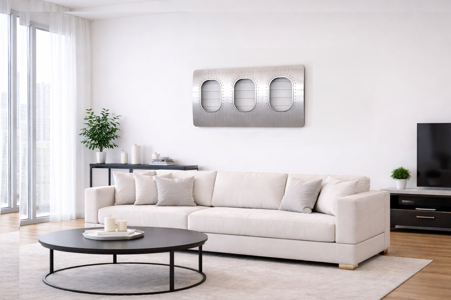 Flugzeugmöbel im Wohnzimmer – Einrichtung im Aviation Design mit Luftfahrt-Elementen im Wohnraum