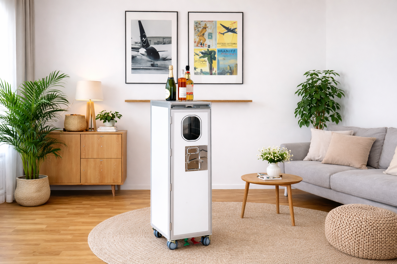 Weißer Flugzeugtrolley als Barwagen für Getränke
