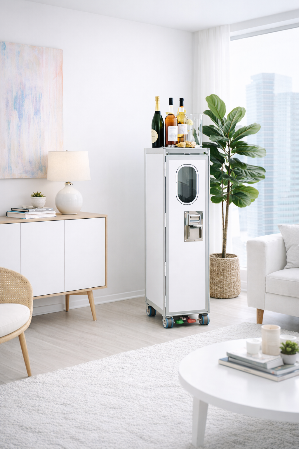 Flugzeugtrolley als Bar im Wohnzimmer – Einrichtungsidee mit weißen Flugzeugmöbeln