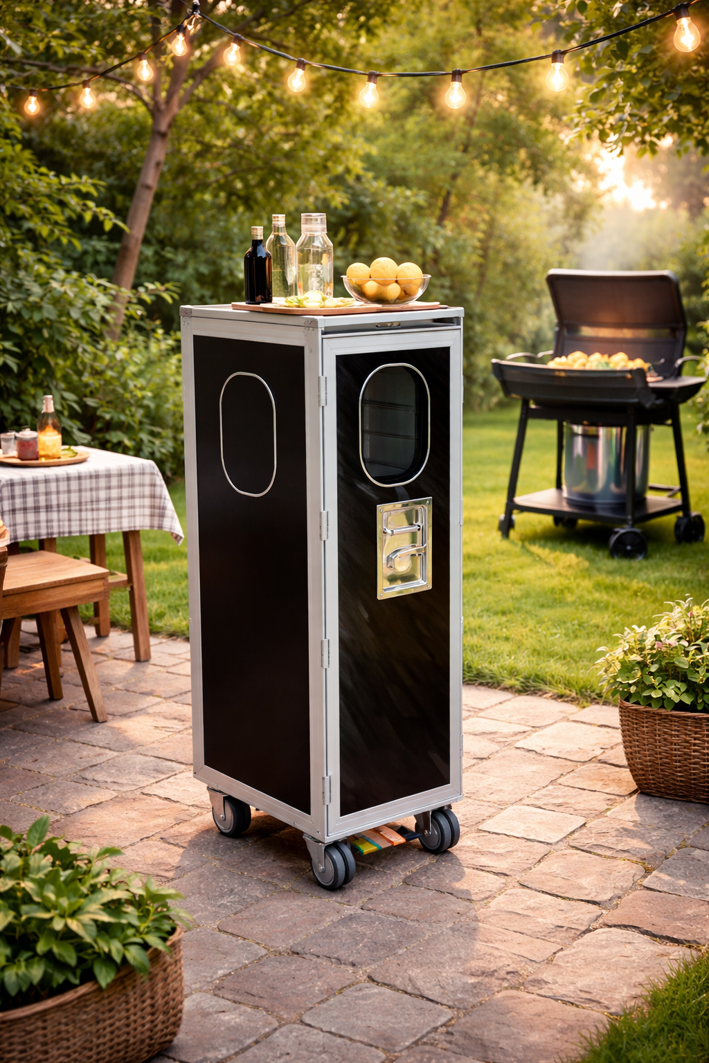 Flugzeugtrolley als Bar bei einer Grillparty im Garten – Flugzeugmöbel auf der Terrasse im Outdoor-Bereich
