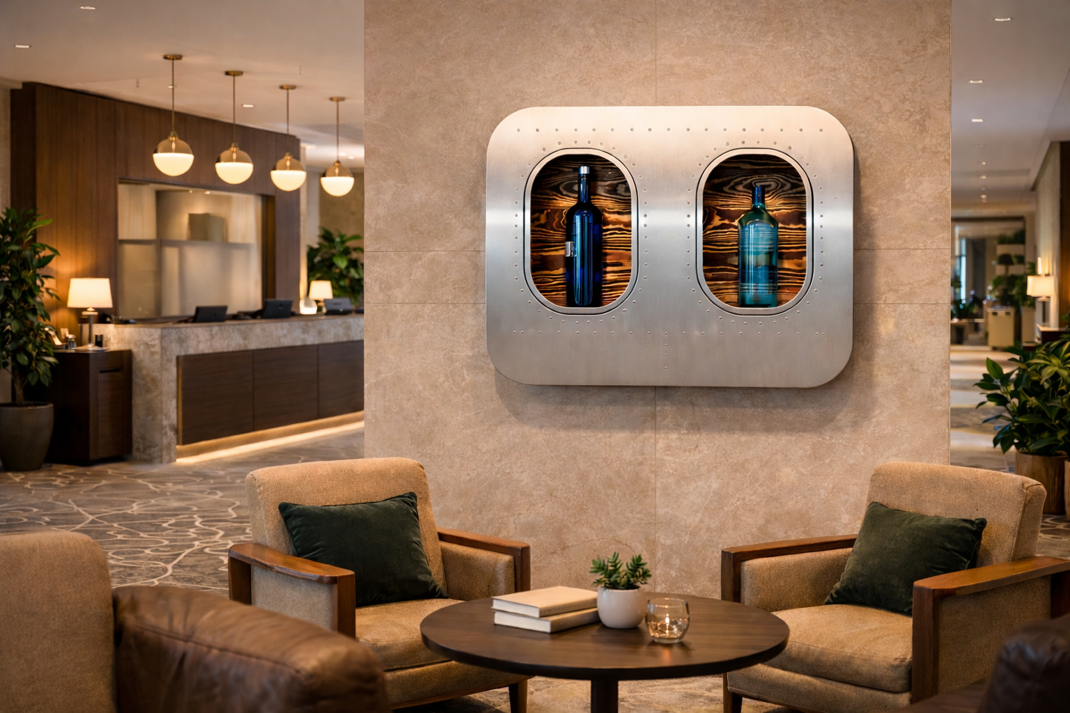 Flugzeugmöbel im Bar- und Loungebereich eines Hotels