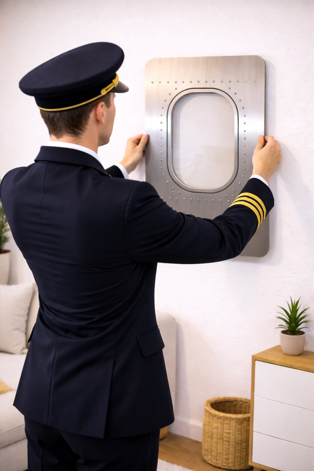 Flugzeugfenster wird an der Wand aufgehängt – Planung und Auswahl von Flugzeugmöbeln im Wohnraum