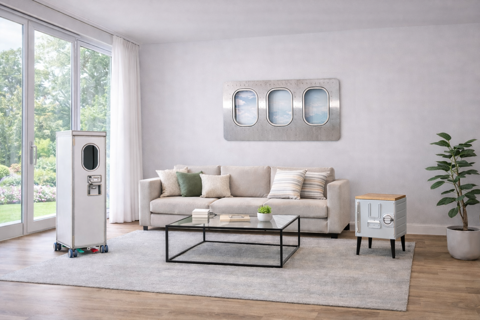 Flugzeugtrolley und Bordbox im Wohnzimmer stehend