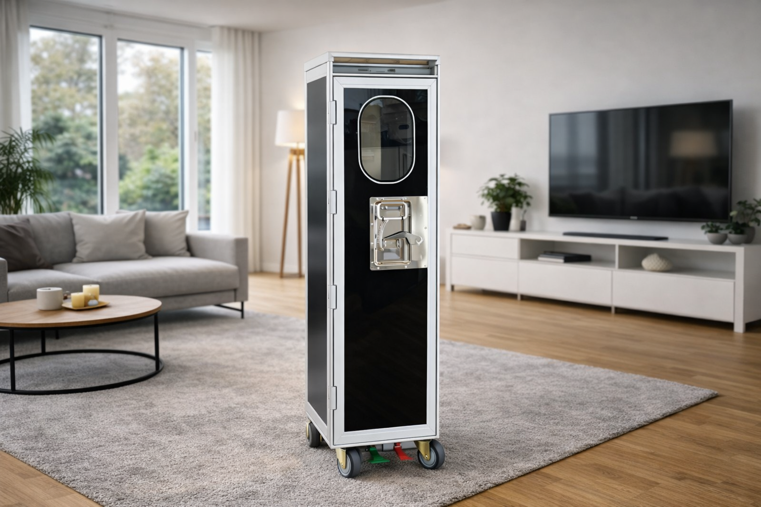 Flugzeugtrolley Metropolitan Black als Luftfahrt Servierwagen und Barwagen im modernen Wohnzimmer auf Parkettboden
