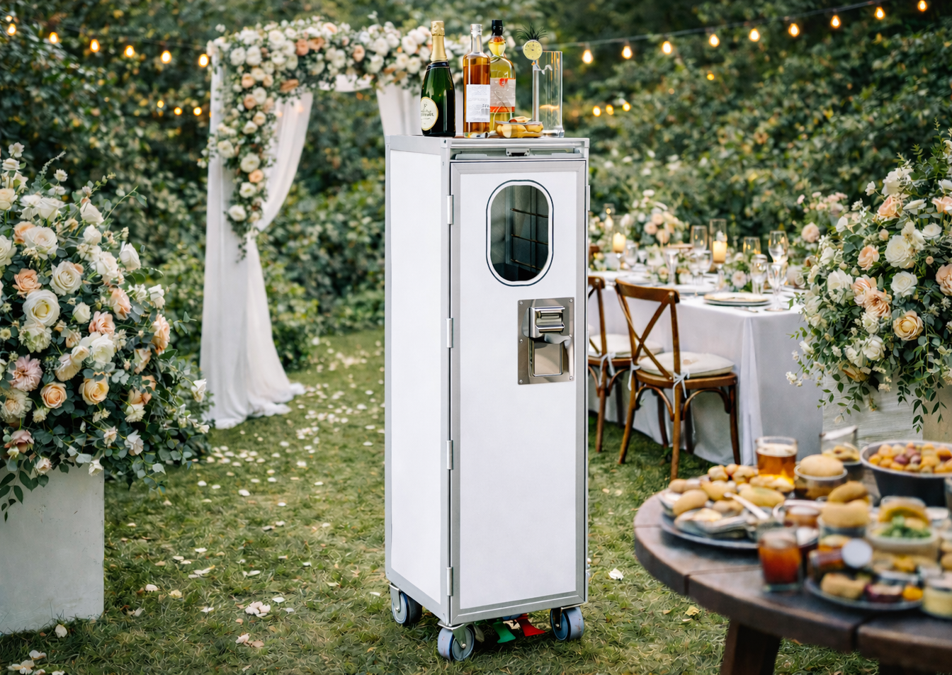 Weißer Flugzeugtrolley als mobiler Barwagen bei Hochzeit oder Gartenparty im Außenbereich