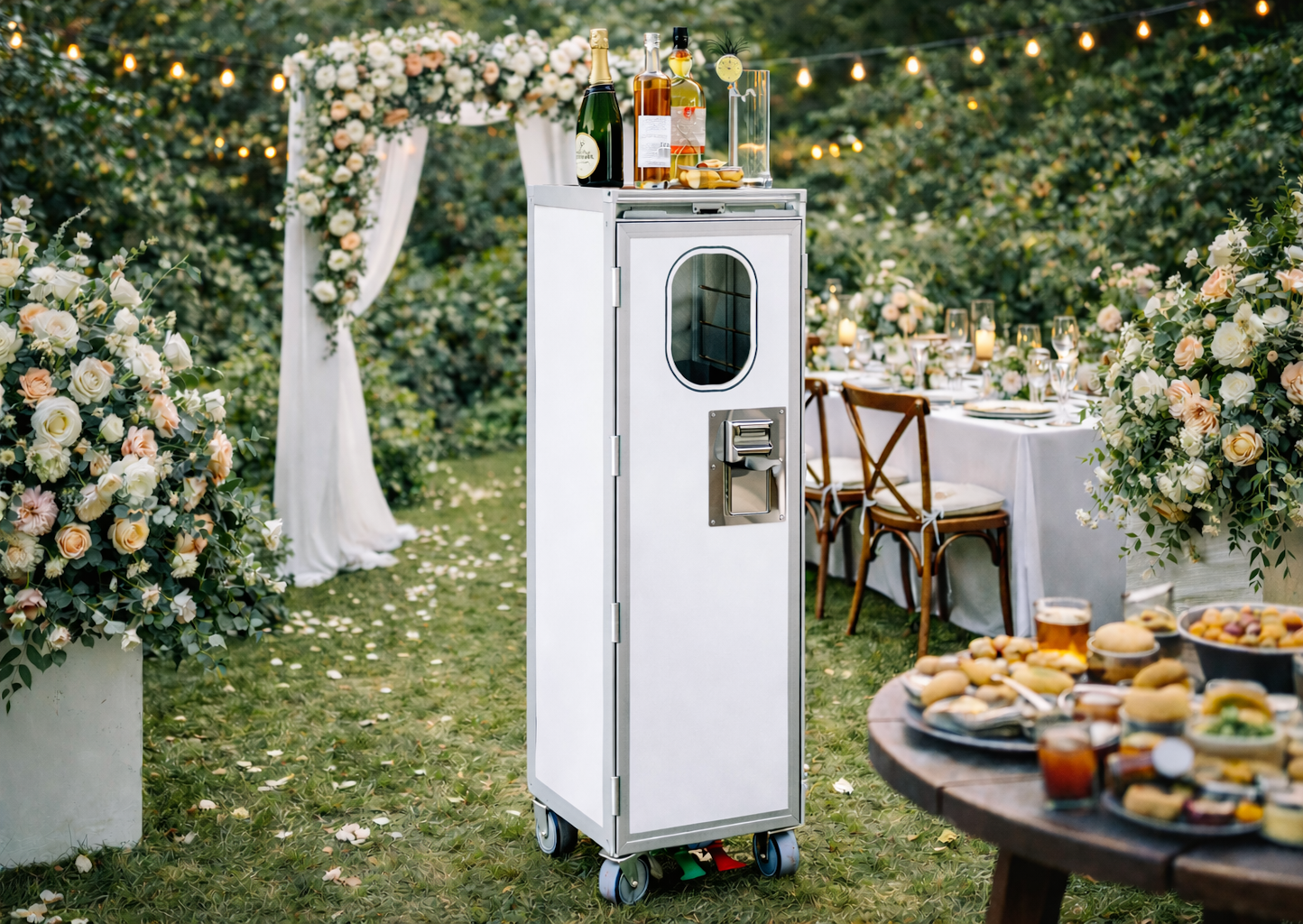 Weißer Flugzeugtrolley als mobiler Barwagen bei Hochzeit oder Gartenparty im Außenbereich