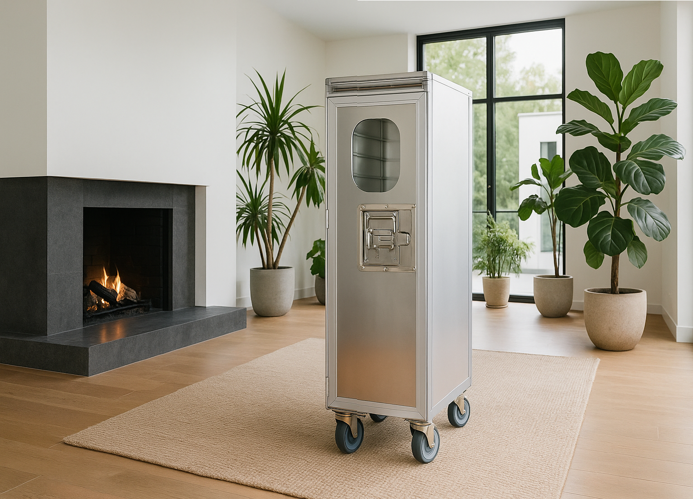 Flugzeugtrolley als Barwagen in modernem Wohnzimmer mit hellem Interieur und Pflanze