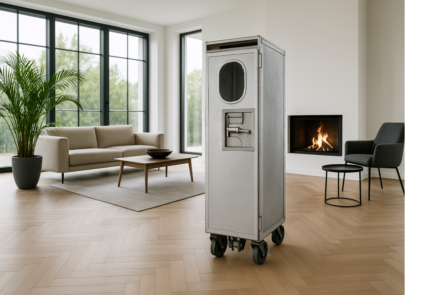 Flugzeugtrolley im Wohnzimmer als Servierwagen im modernen Zuhause