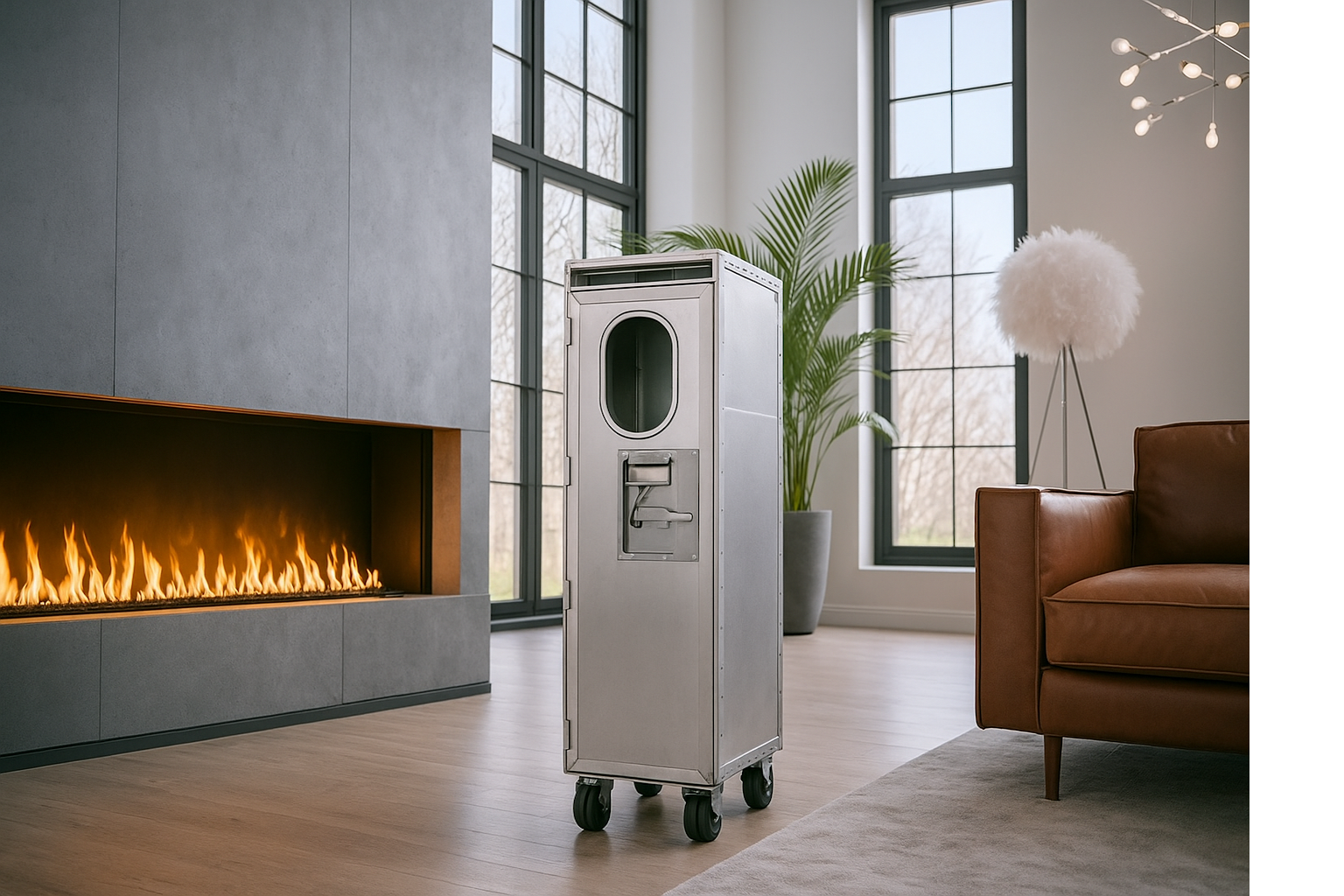 Flugzeugtrolley im Wohnzimmer mit Kamin als Servierwagen im Zuhause
