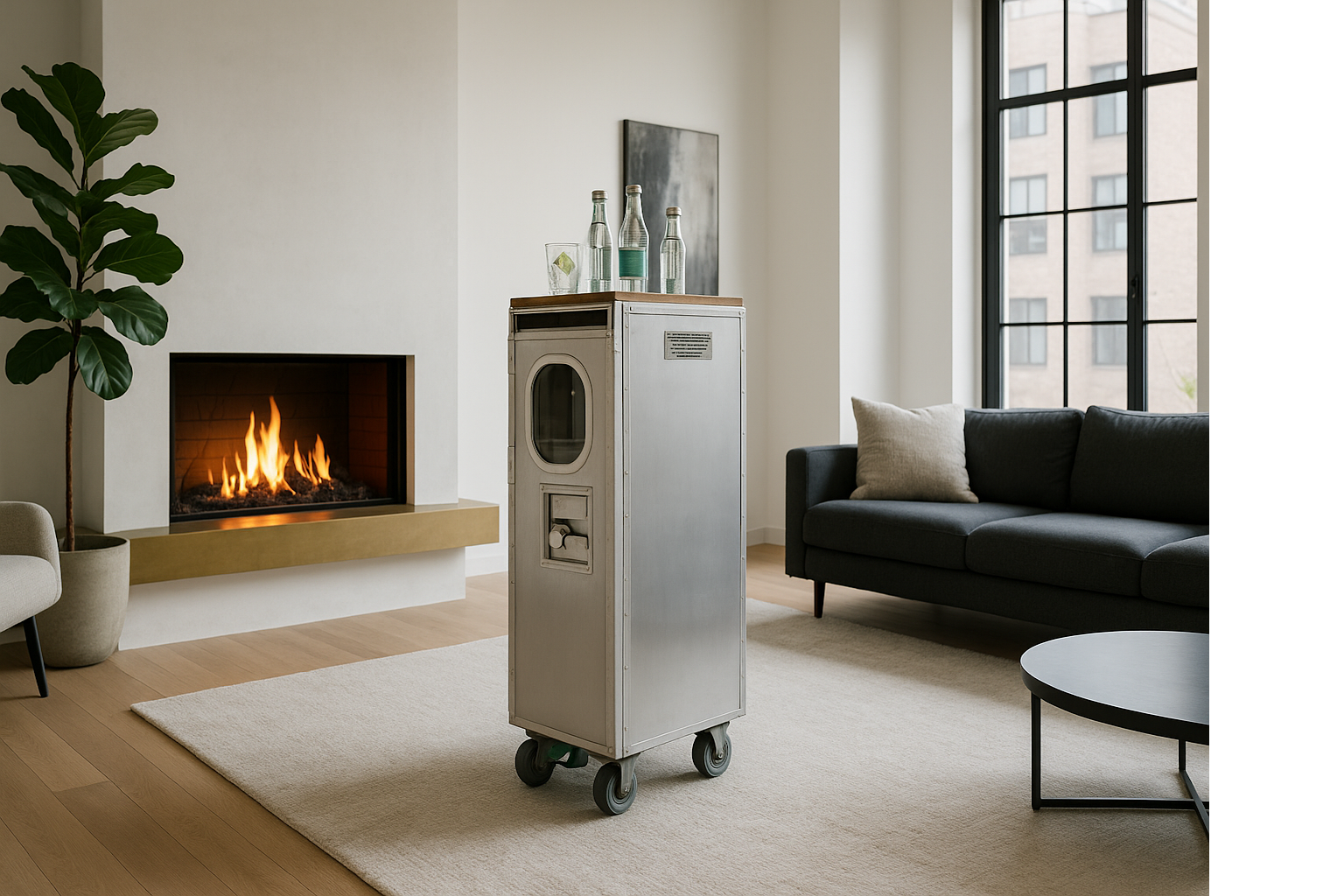 Flugzeugtrolley in silber im Wohnzimmer mit Kamin als Servierwagen in modernem Zuhause