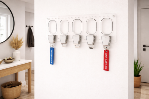 5er Schlüsselbrett mit Flugzeug-Gurtschnallen und transparenter Plexiglas-Rückseite im Luftfahrt-Design, an der Wand im modernen Flur montiert