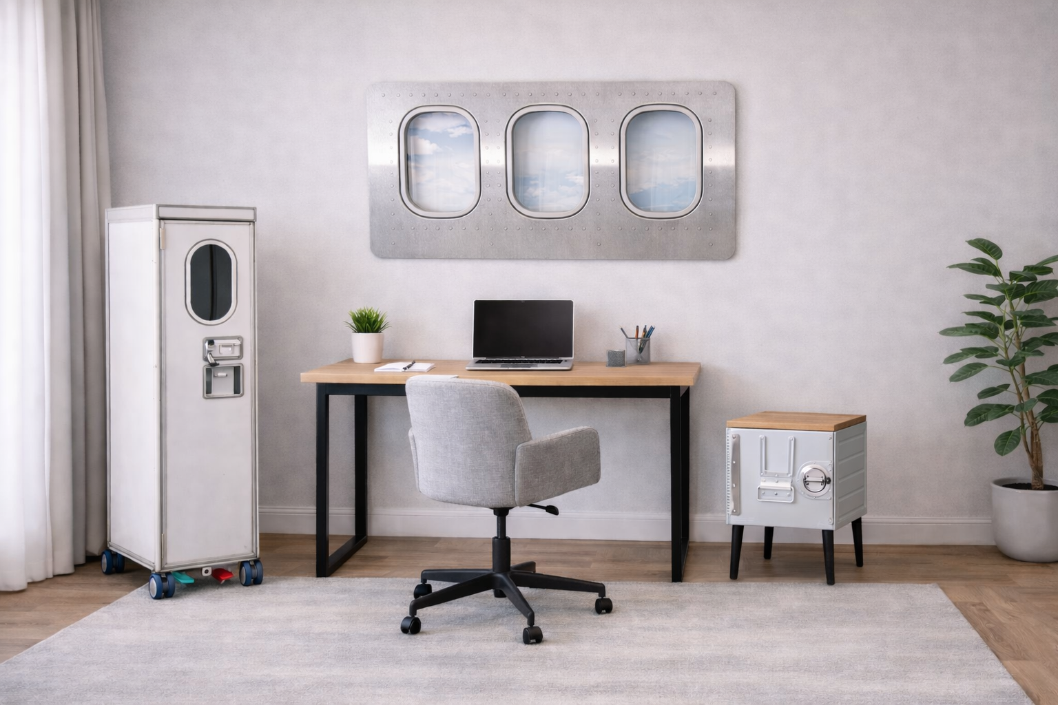 Flugzeugmöbel im Büro und Homeoffice mit Flugzeugfenster, Flugzeugtrolley und Bordbox am Schreibtisch im Aviation Style