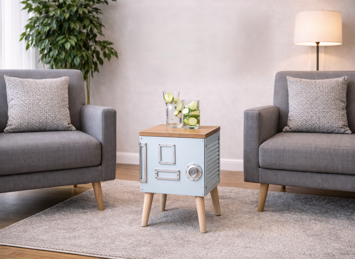 Flugzeugmöbel im Wohnzimmer mit Flugzeugfenster Wandbar und Bordbox im Aviation Style