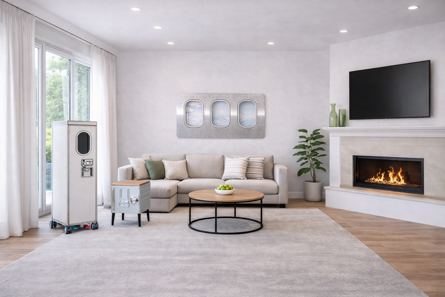 Flugzeugtrolley und Bordbox mot Holzplatte als Flugzeugmöbel im Wohnzimmer